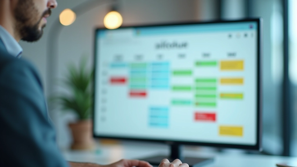 Primo piano di uno schermo di calendario digitale con blocchi di tempo colorati che mostrano orari di lavoro e tempo libero ben definiti, ambiente ufficio moderno