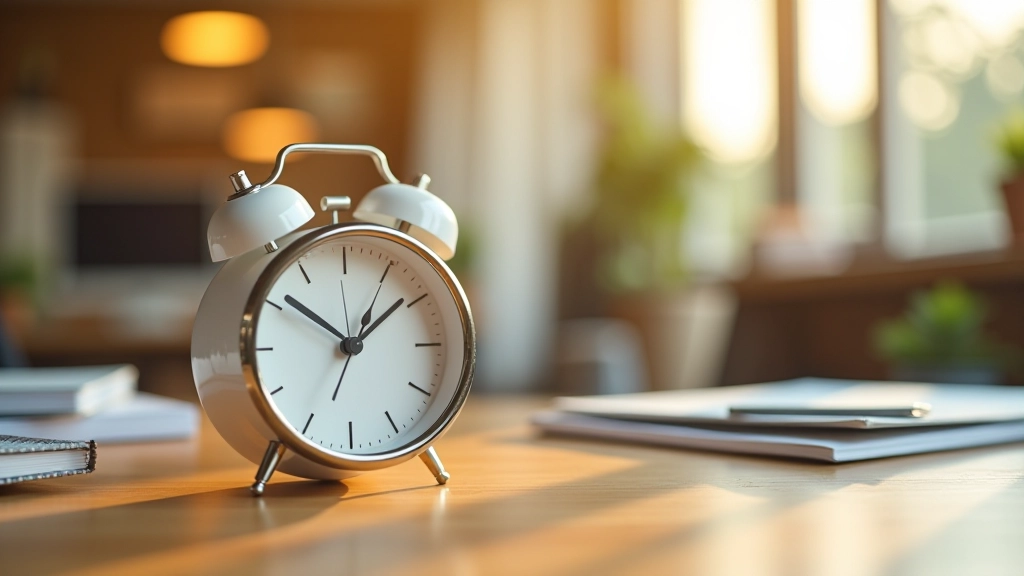 Orologio analogico che segna le cinque, simbolo della fine della giornata lavorativa, sfondo sfocato dell'ufficio