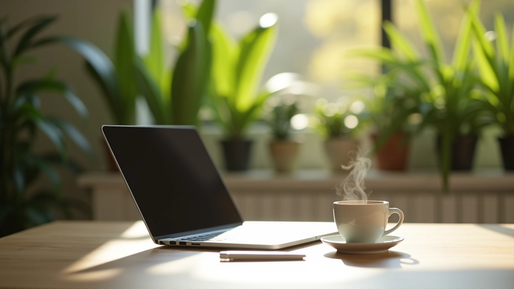 Tavolo da lavoro con laptop chiuso e una tazza di caffè fumante, scrivania ordinata con piante verdi sullo sfondo, luce naturale pomeridiana
