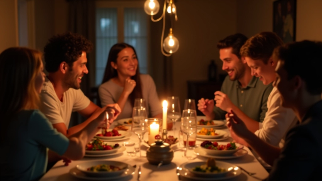 Tavolo da pranzo con famiglia che mangia insieme, piatti tipici italiani, conversazione animata