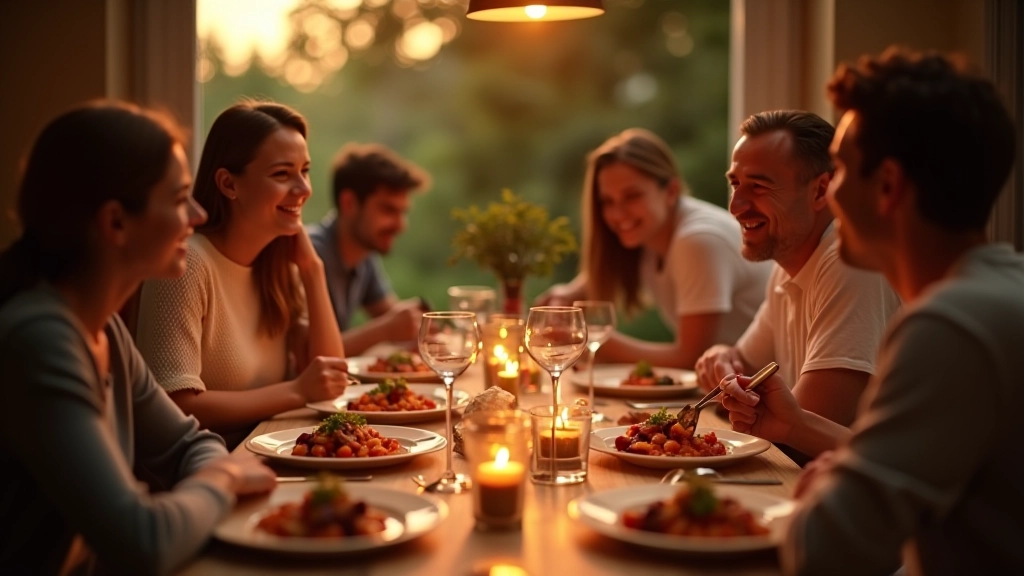 Famiglia riunita intorno a un tavolo da cena con piatti tipici italiani, conversazione animata, luce calda serale che entra dalle finestre, atmosfera di convivialità