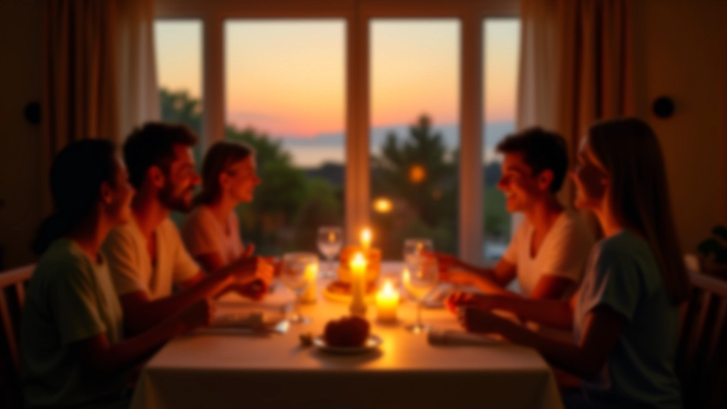 Una famiglia che cena insieme a un tavolo con candele, risate e conversazioni, casa luminosa con finestre che mostrano il cielo al tramonto