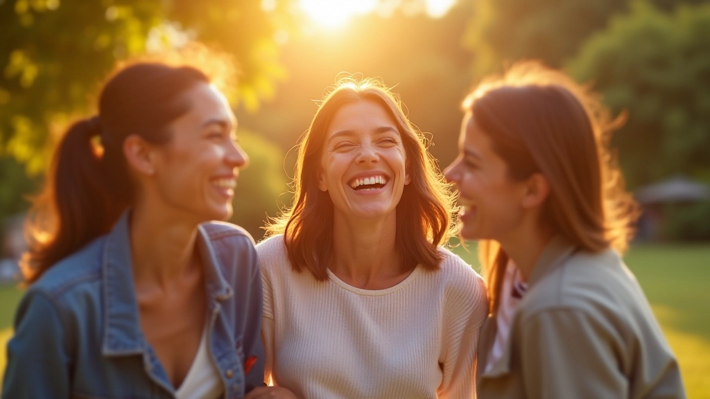 Gruppo di amici che ridono insieme all'aperto in un parco, seduti su una panchina in una giornata soleggiata, atmosfera di felicità e connessione