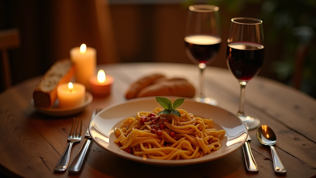 Tavola apparecchiata con piatti italiani, candela accesa, bicchiere di vino, pane fresco, vista ravvicinata della cena preparata con cura, luce dorata serale