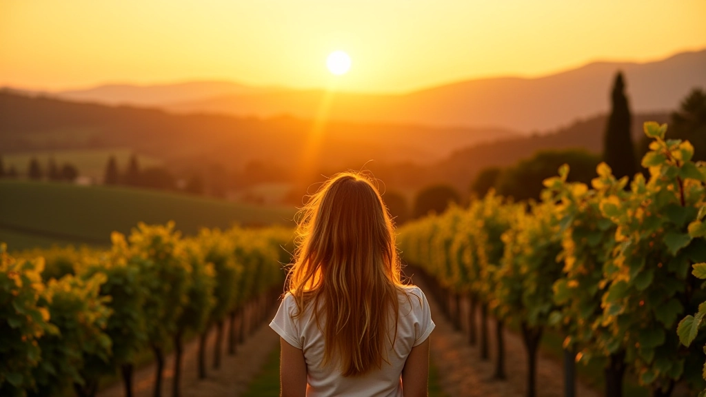 Paesaggio italiano con vigneti al tramonto, simbolo della dolce vita e della lentezza consapevole