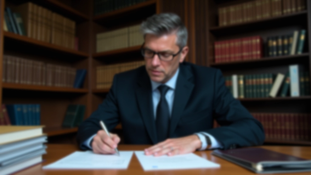 Avvocato al tavolo con documentazione, cartelle di fascicoli ordinati, firma su contratto, illuminazione professionale da studio legale