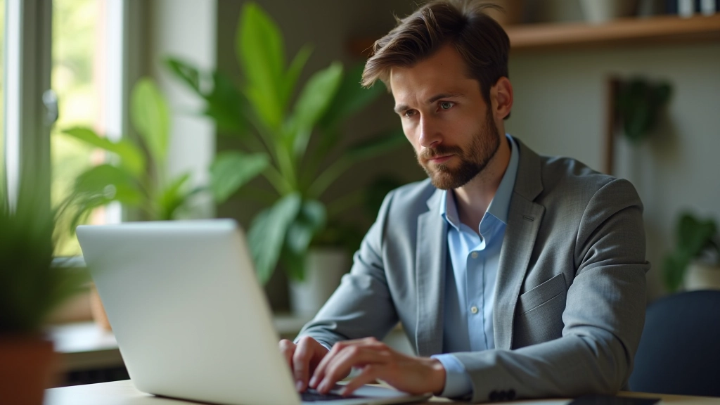 Persona che invia email dal laptop, schermata con testo nitido, gesto di conferma, ambiente lavorativo domestico sereno con pianta verde