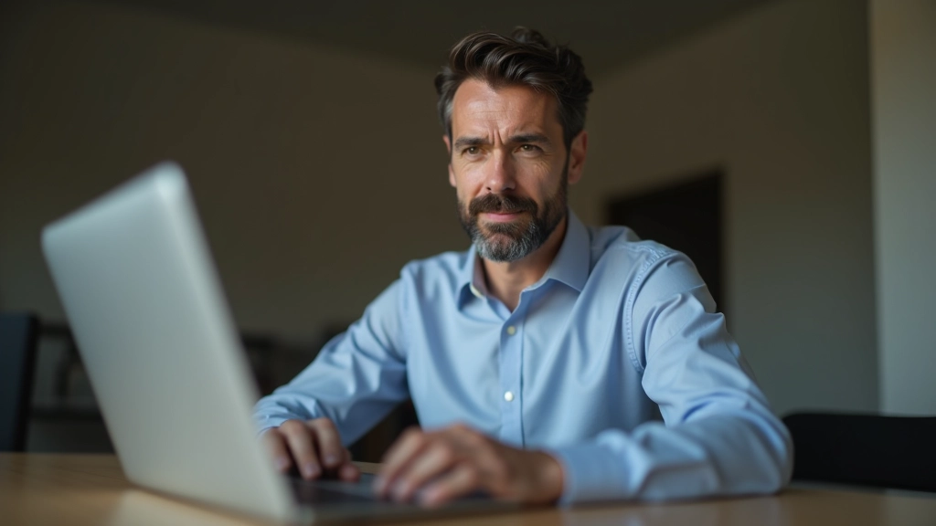 Uomo di mezza età in riunione video, laptop acceso, sfondo di casa ordinata, sorriso fiducioso, video call in corso