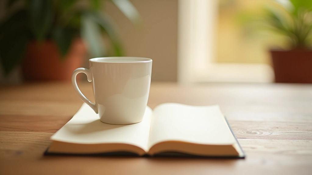Tazza di caffè su tavolo di legno con quaderno aperto, luce naturale mattutina, ambiente ordinato e calmo