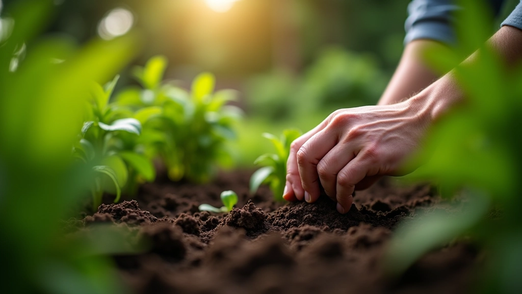Persona che coltiva piante in un piccolo orto domestico, mani che tengono attrezzi da giardinaggio, terra e vasi con fiori, luce naturale diurna