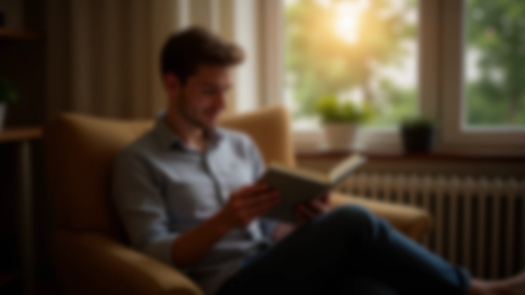 Persona che legge un libro su una poltrona comoda in salotto, luce naturale dalla finestra, tazza di caffè sul tavolino, ambiente tranquillo e ordinato