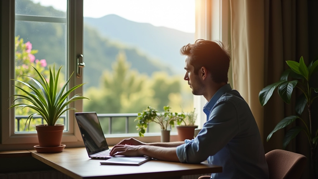 Persona che lavora da casa con una vista dalla finestra sul paesaggio italiano, scrivania accanto a finestra, ambiente domestico ma professionale, piante e libri visibili