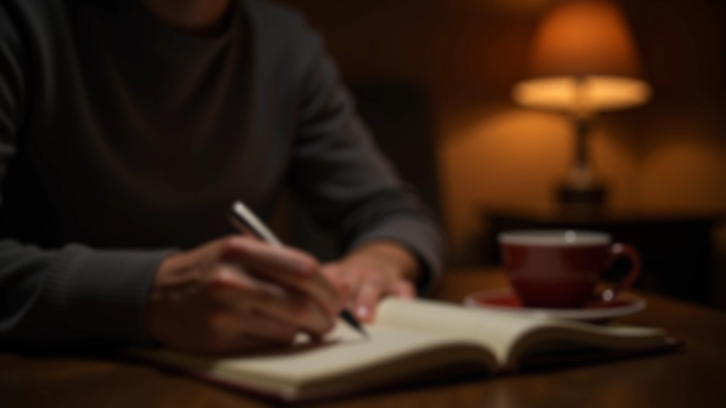 Persona che scrive in un taccuino con una penna stilografica accanto a una tazza di tè caldo in una stanza tranquilla illuminata da una lampada da lettura