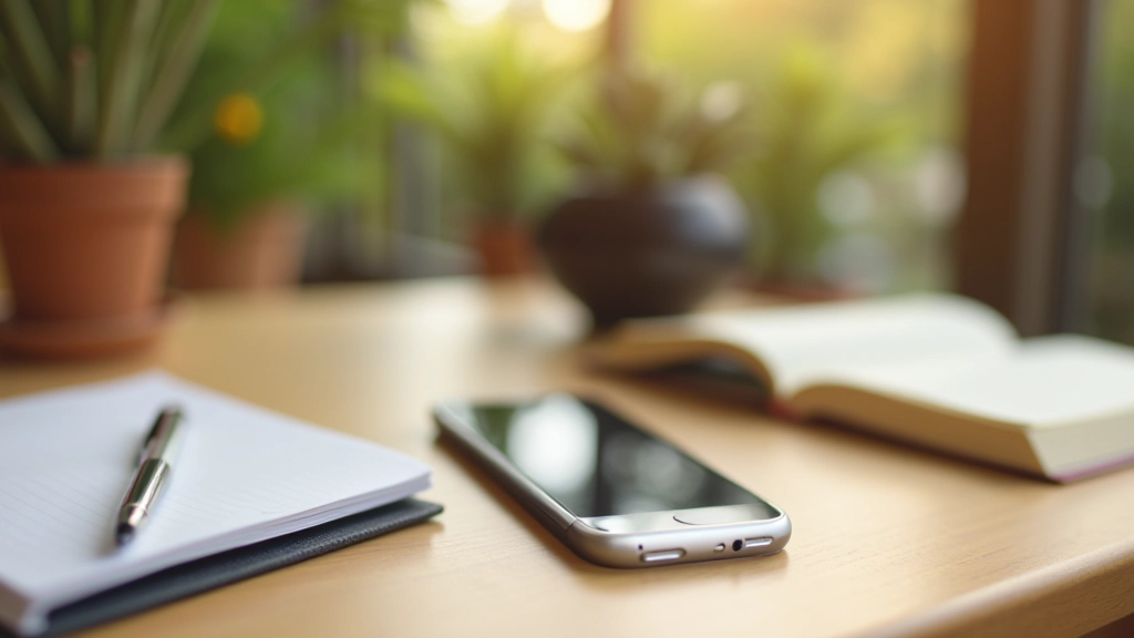 Uno smartphone su un tavolo con schermo spento accanto a una penna e un quaderno aperto, luce morbida di fine pomeriggio, ambiente tranquillo