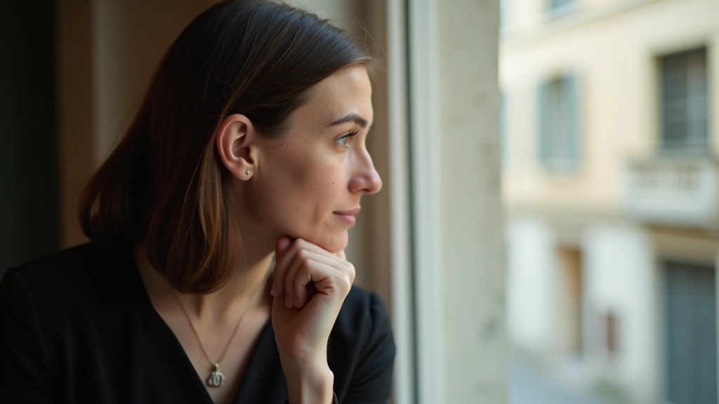 Persona che pensa pensierosamente guardando una finestra con vista, espressione consapevole e serena
