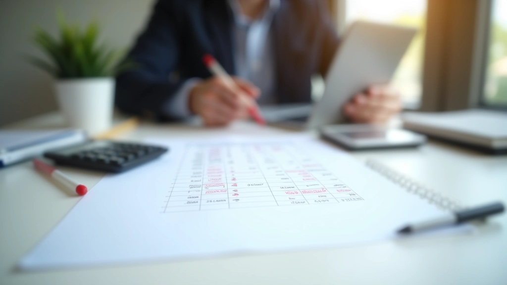 Foglio di calcolo con ore registrate, penna rossa che segna le ore straordinarie, calcolatrice accanto con risultati visibili, ambiente da ufficio moderno