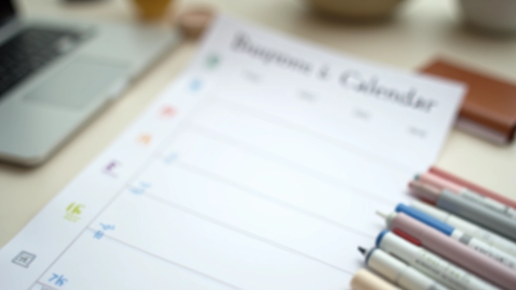 Calendario settimanale scritto a mano con giorni marcati in colore, scrivania minimale, penna e blocco note, organizzazione del tempo