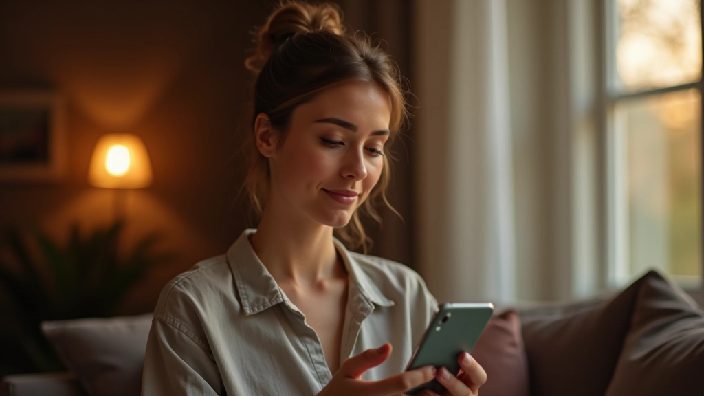 Persona che spegne le notifiche del telefono al tramonto, ambiente domestico tranquillo, luce dorata da finestra, smartphone con schermata scura, momento di consapevolezza