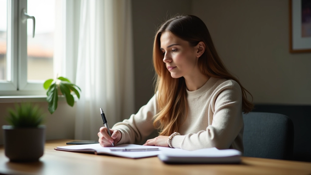 Donna che scrive su un quaderno accanto a una tazza di caffè, scrivania ordinata con computer portatile, finestra con luce naturale, ambiente lavorativo a casa