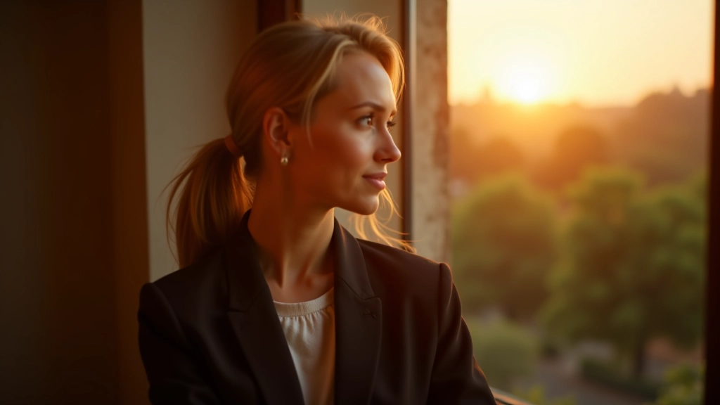Persona che lavora al tramonto con vista dalla finestra, paesaggio italiano sullo sfondo, atmosfera serena e consapevole