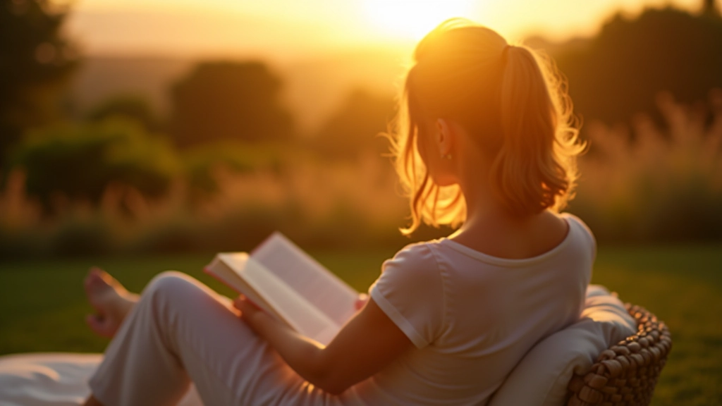 Persona che legge un libro in giardino al tramonto, atmosfera tranquilla e consapevole