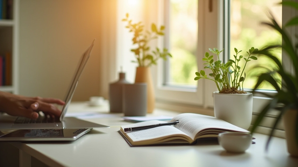 Persona che lavora da casa accanto a finestra soleggiata, ambiente tranquillo e ordinato